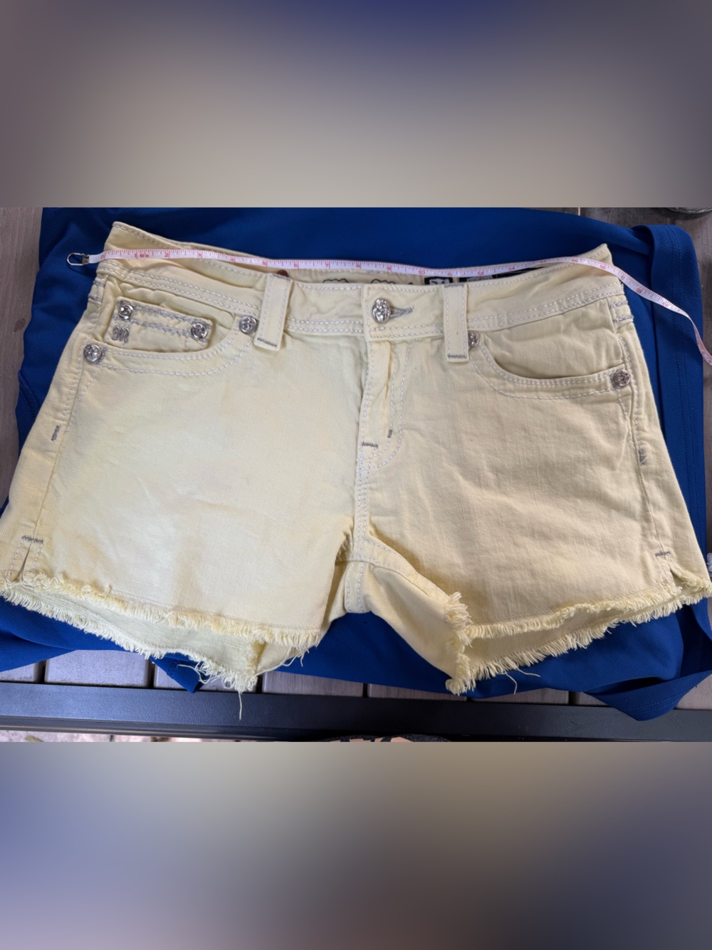 Women’s Miss Me Pale Yellow Frayed Hem Denim Shorts